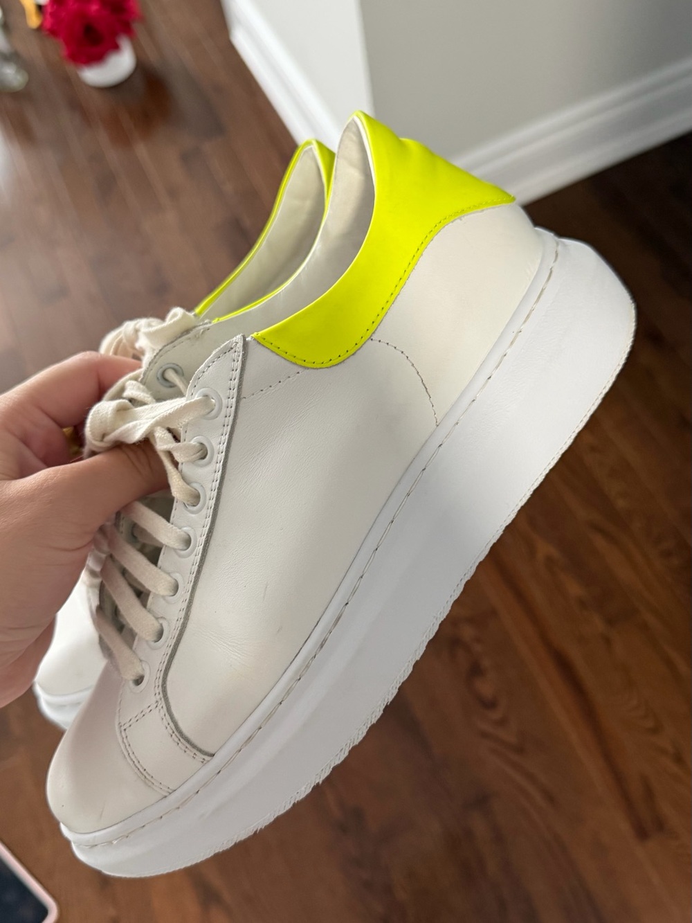 White Leather Sneakers with Neon Yellow Heel Accent